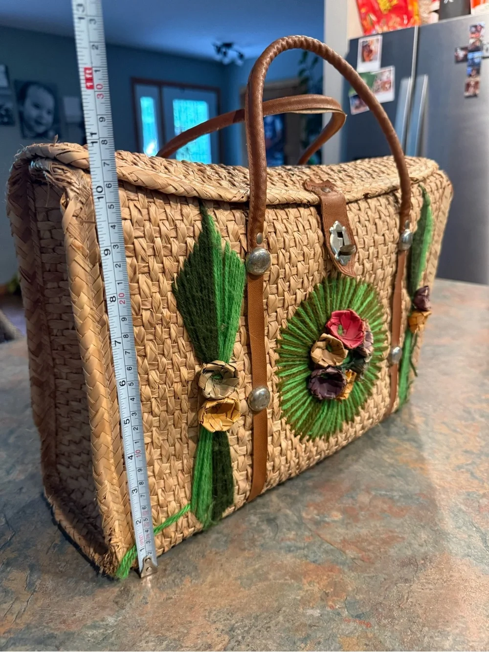 Embroidered Straw Tote Bag with Green Floral Accent